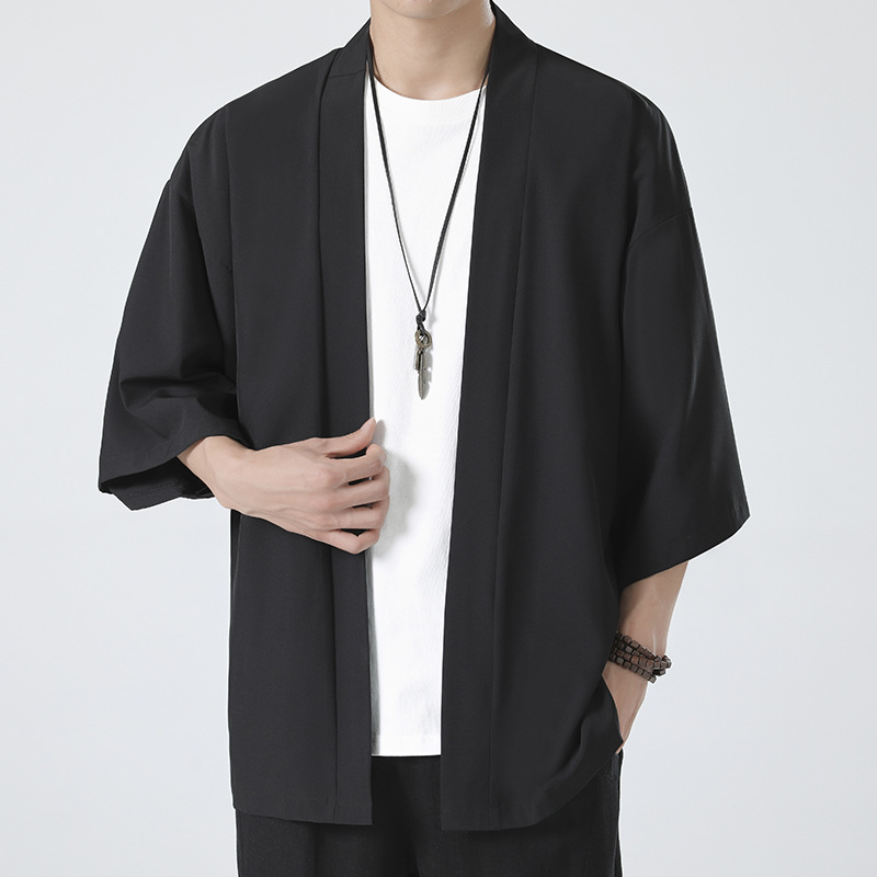 Daifa Summer Chinese Style Seven-point Sleeve Thin Ice Silk Sun Protection Clothing Large Size Couple Casual Solid Color Cloak Jacket for Men