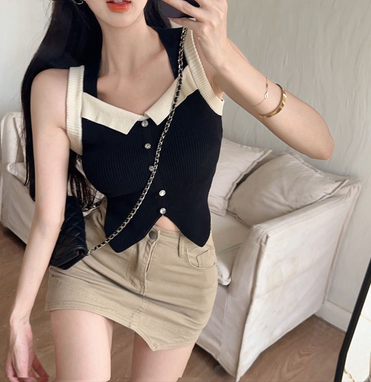 French style little fragrant suspender belt for women summer new style white vest with buttons inside and sexy slim hot girl sleeveless top