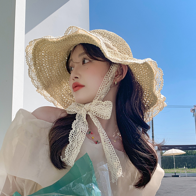 Straw Hat ins Korean Style Lace-up Hollow Straw Hat Women's Summer Travel Sunscreen Beach Sun Hat Lace Sunshade Hat