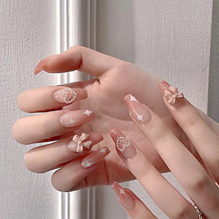 Wear nail mid-length milk tea gradient nail piece love bow fake nail finished detachable nail sticker