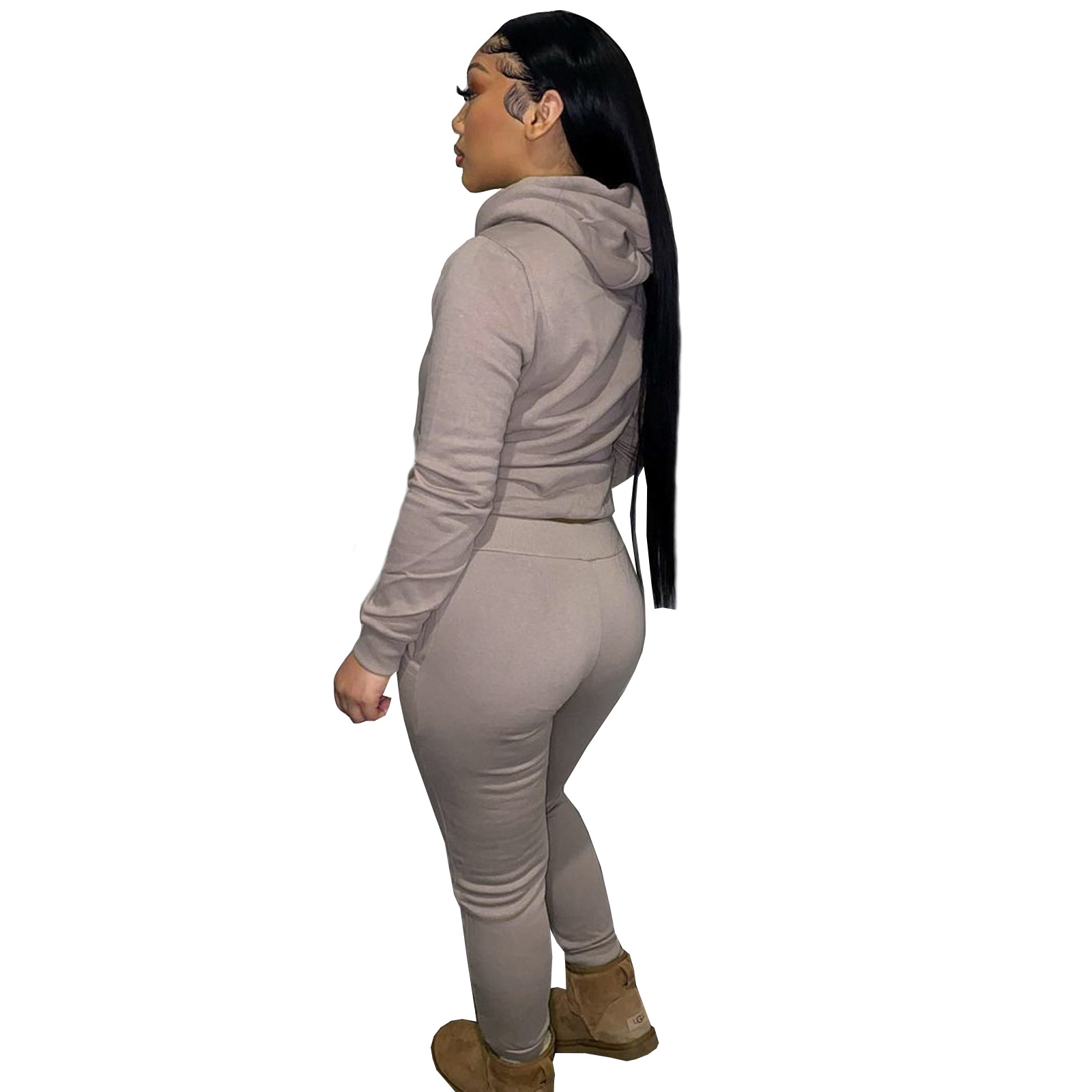 HR8197 European and American women's clothing  independent station supply autumn and winter plus velvet drawstring hooded two-piece set_voghion.com