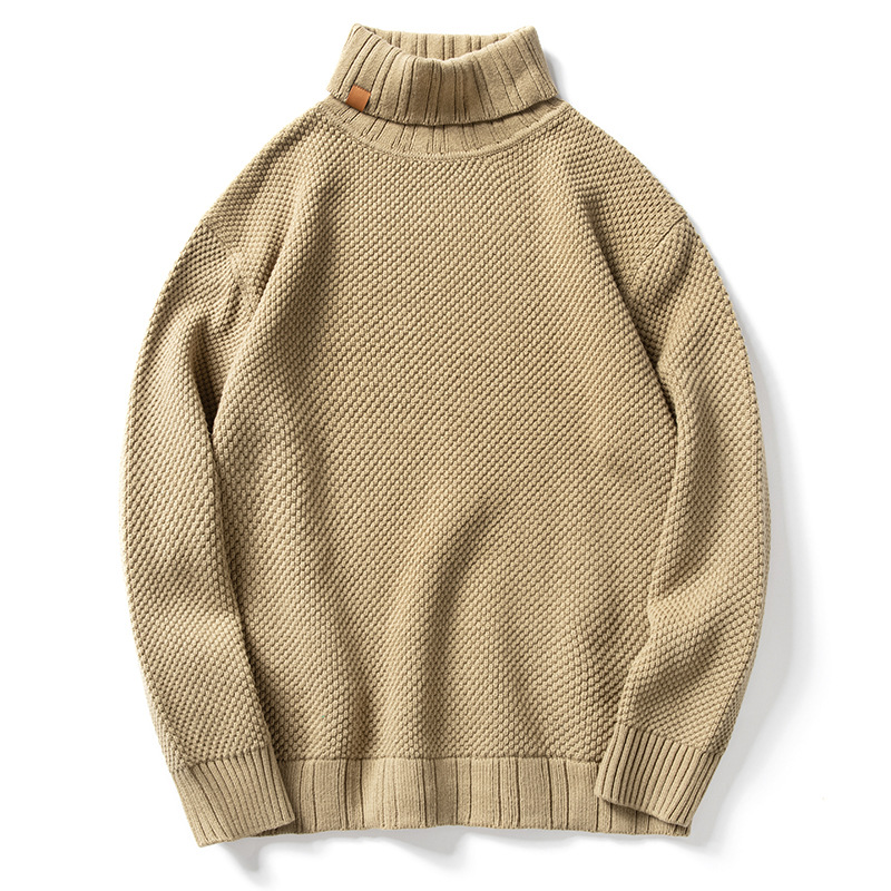 High Neck Loose Heavy American Casual Retro Solid Color Pullover Men's Textured Knitted Sweater XJ605