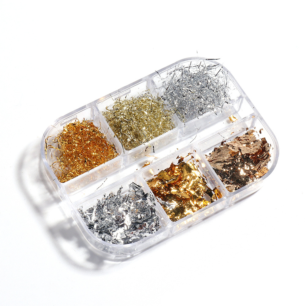 Cross-border new nail glitter ins gold and silver gold foil silk platinum fragments 6 grid boxed nail jewelry nail