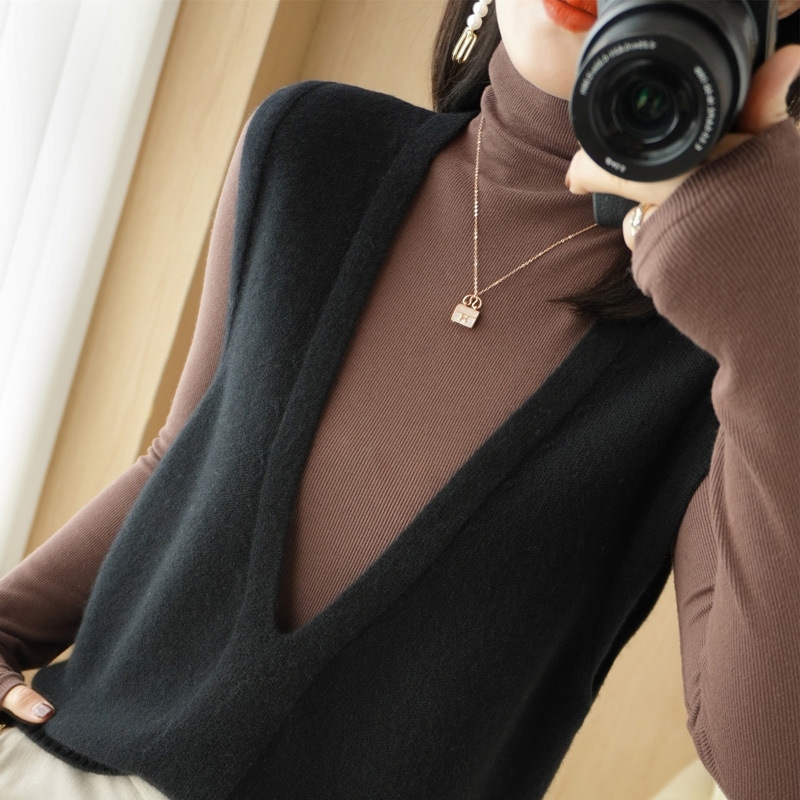 New Autumn and Winter Core-spun Yarn Material Women's 100 Knitted V-neck Vest Pullover Vest Korean-style Outer Wool Waistcoat