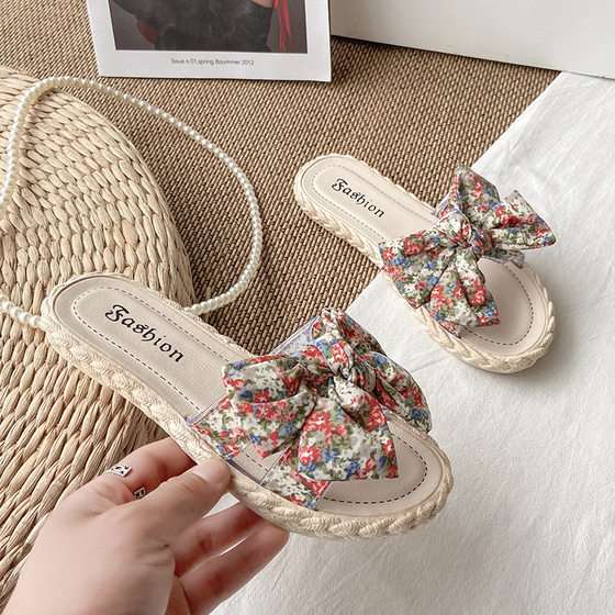 Slippers Women's Summer Outer Wear 2024 New All-Match Fairy Style Sweet Bow Flat Seaside Beach Sandals