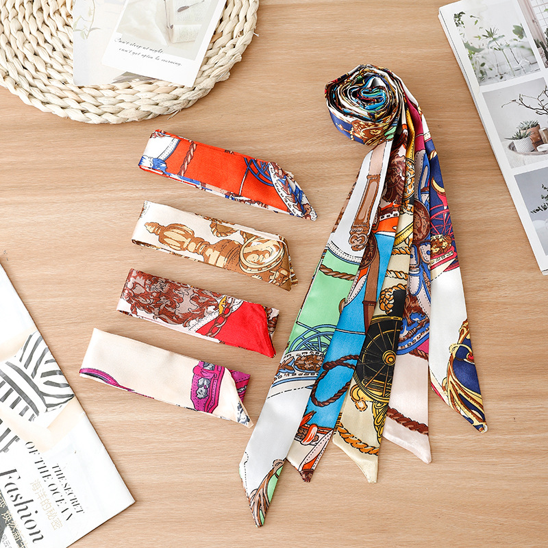 OPP individually packaged small silk scarf narrow long silk scarf small scarf bag scarf with decorative silk scarf hair band