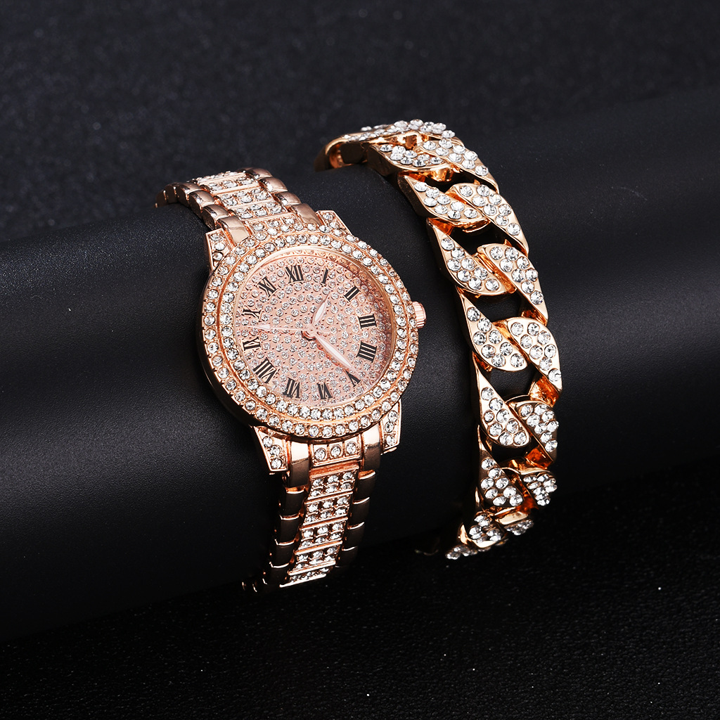 Full Diamond Roman Literal Steel Band Watch Gympani Elegant Business Quartz Watch Hip Hop Full Diamond Bracelet Set