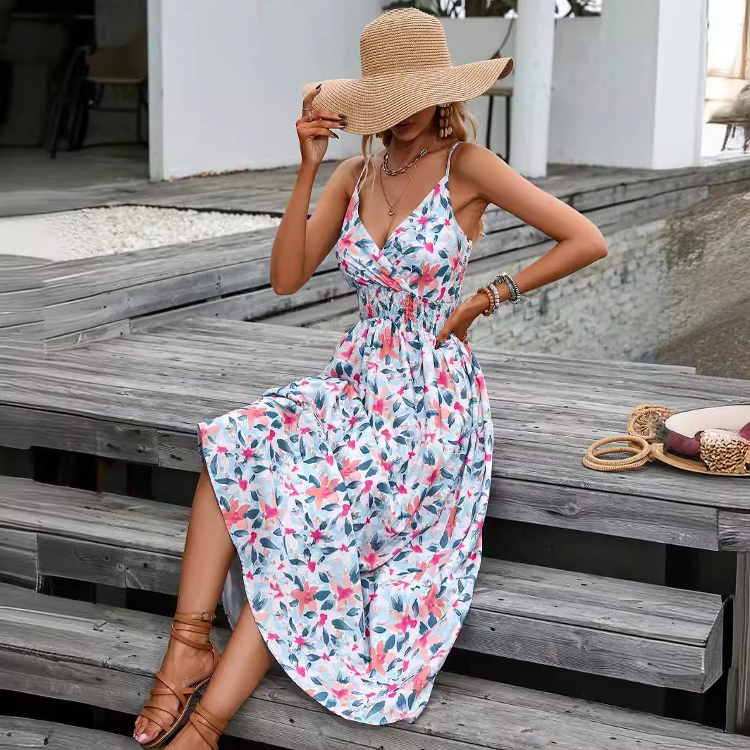 Foreign Trade Women's Clothing Amazon Explosions Dress 2023 Summer Cross-border Printed Sling V-Neck Waist European and American Women's Clothing