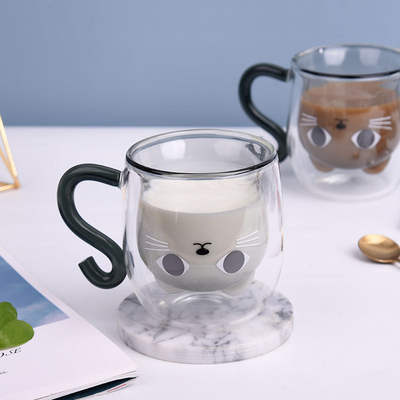 Creative cartoon kitten water cup with handle transparent glass drink drinking cup double insulated milk coffee cup