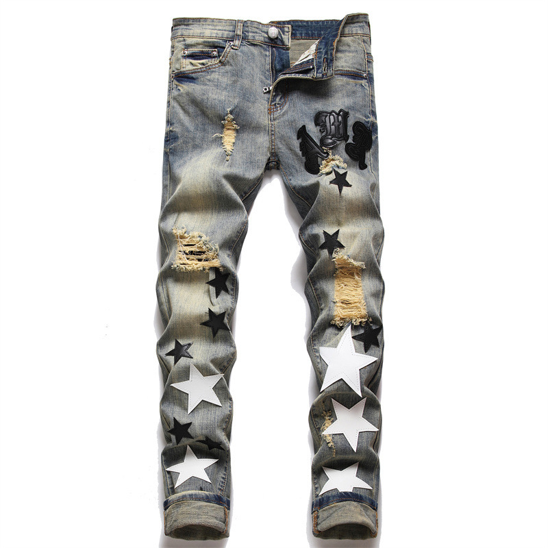 AMI European Men's Jeans Ripped Patch Trendy Stretch Slim-Fit Skinny Pants All-Match Men's Pants 3096