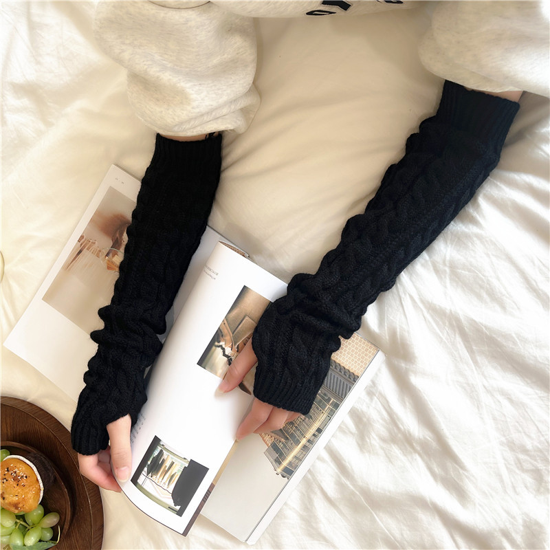 Yifan Autumn and Winter Outdoor Travel Warm Cold-proof Solid Color Twist Long Half-finger Elastic Sleeve Knitted Arm Cover for Women_voghion.com