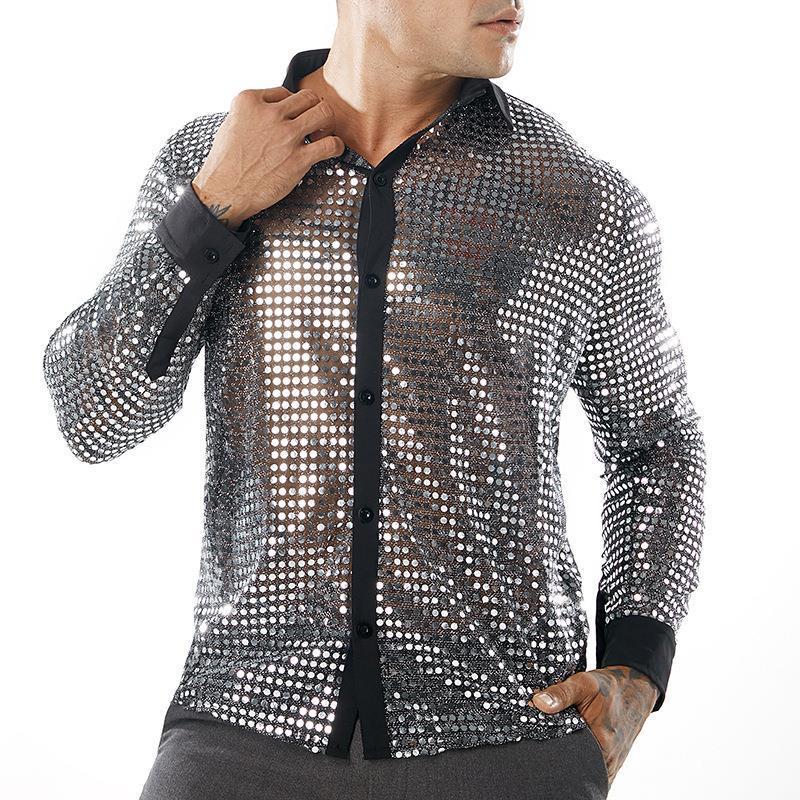 Men's Long Sleeve Performance Suit Amazon Foreign Trade Scale Shirt Long Sleeve Collar 70 s Disco Party Spot