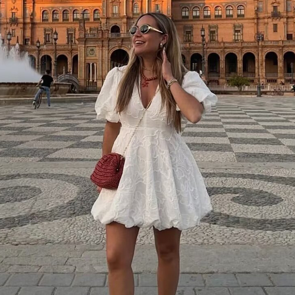 European and American Summer New Women's Clothing All-match White V-neck Embroidery Tight Waist Puffy Sleeve Mini dress