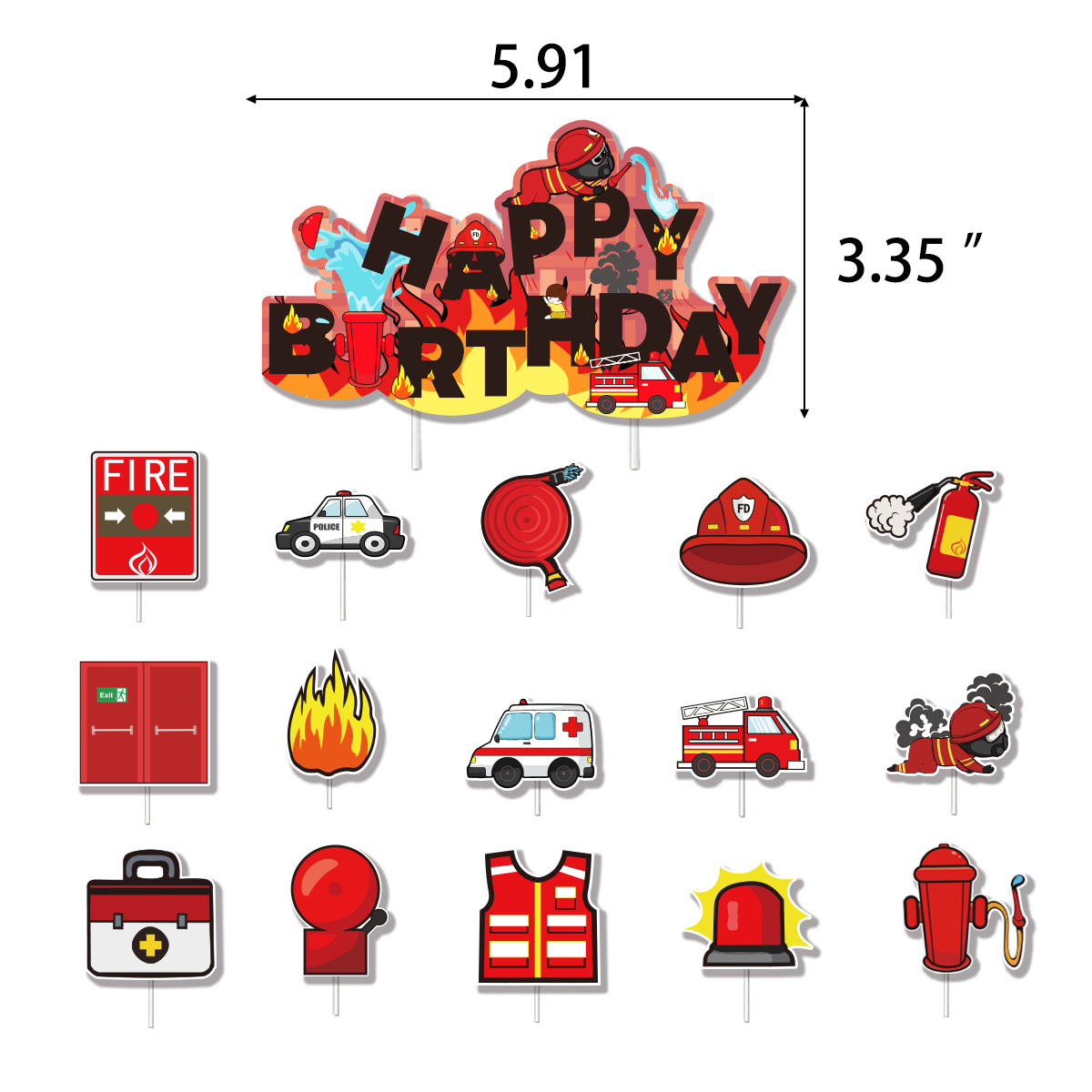 Fire theme party decoration fire truck pull flag banner cake card insertion children's birthday party layout supplies