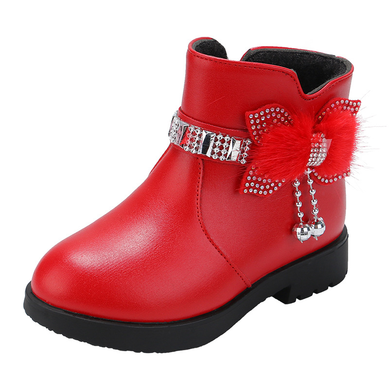 Children's Cotton Boots Princess Fashion Bow Baby Warm Leather Boots 2024 Winter Girls Rhinestone Medium Boots