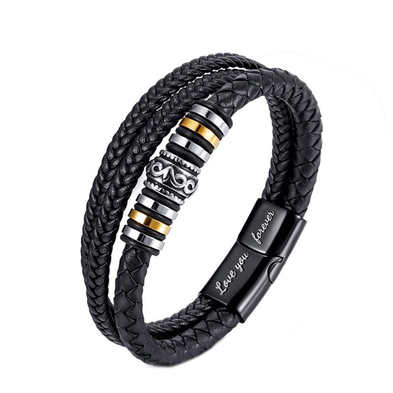 Xinghe cross-border stainless steel color multi-layer woven leather cord bracelet men's fashion leather bracelet lettering gift set