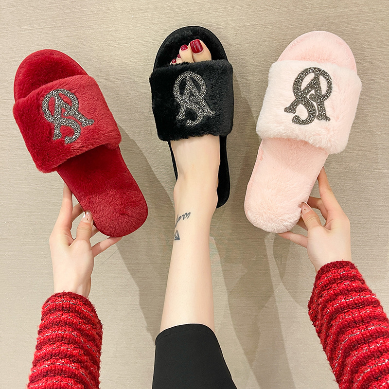 2024 foreign trade new rhinestone Mao Mao slippers women's indoor home bright diamond warm fashion open cotton slippers cross-border