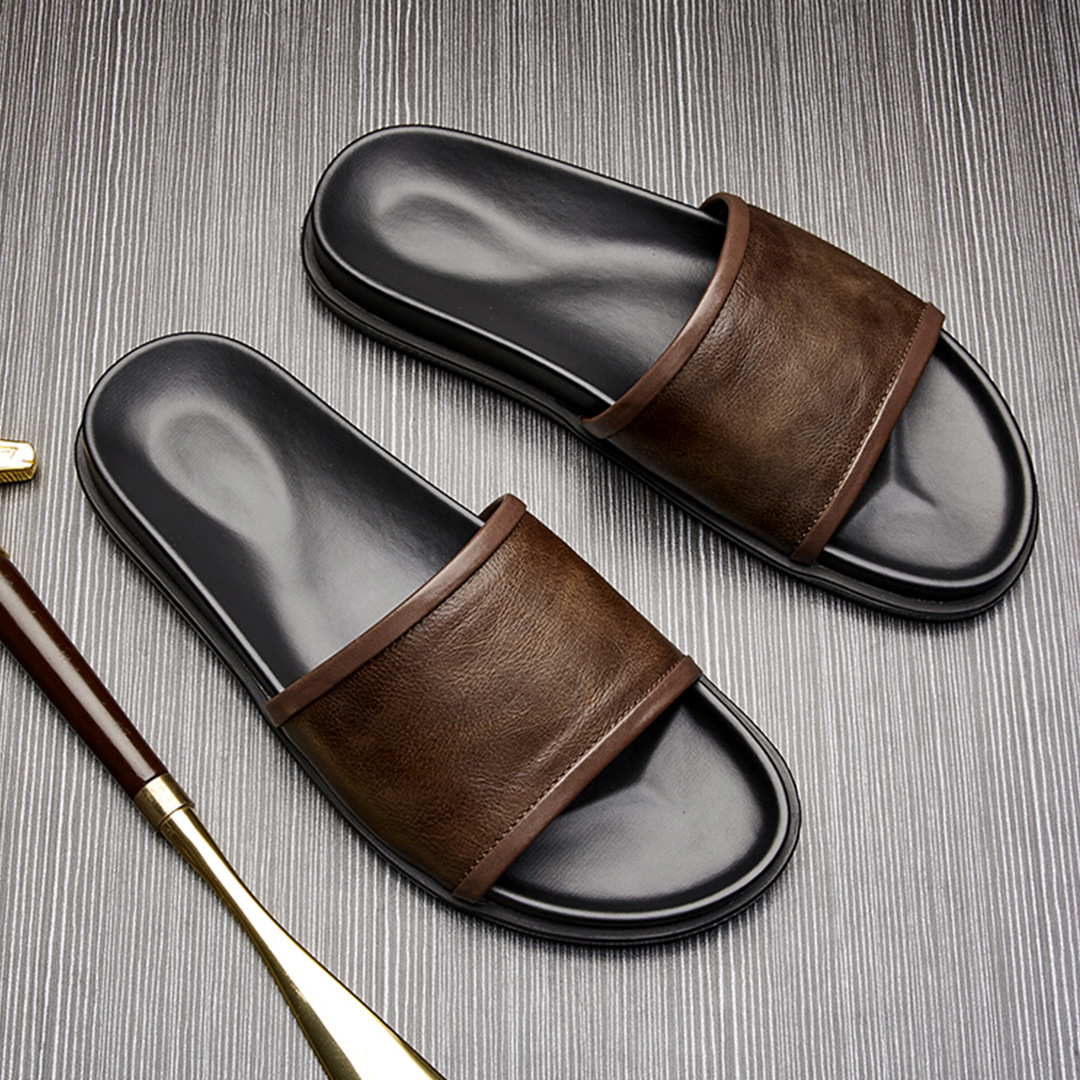 Genuine Leather Slip Flops 2023 New Men's Summer Outer Wear Slippers Outdoor Non-Slip Korean Style Distinctive Outer Beach Shoes