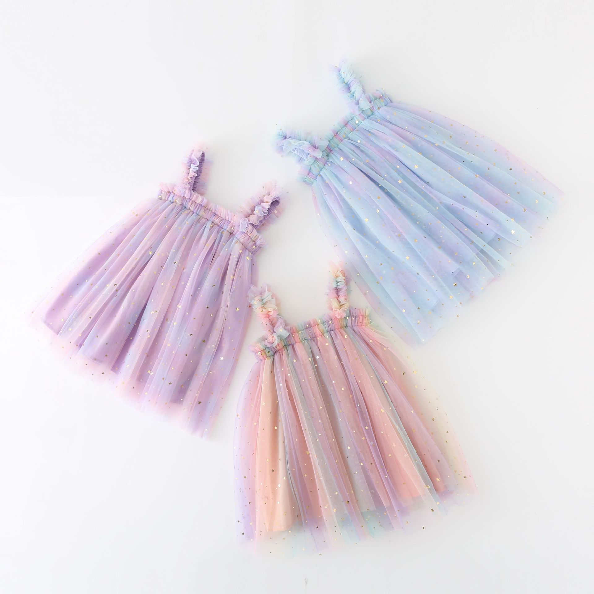 New Children's Dress Sequins Star Rainbow Strap Dress Mesh Puffy Dress Baby Photo Princess Dress