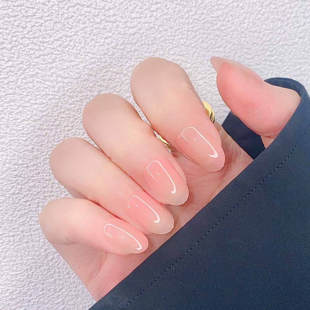 Short Oval Naked Pink Gradient Simi Nail Art Sweet Beauty White Dressing Armor Removable Finished Fake Nail