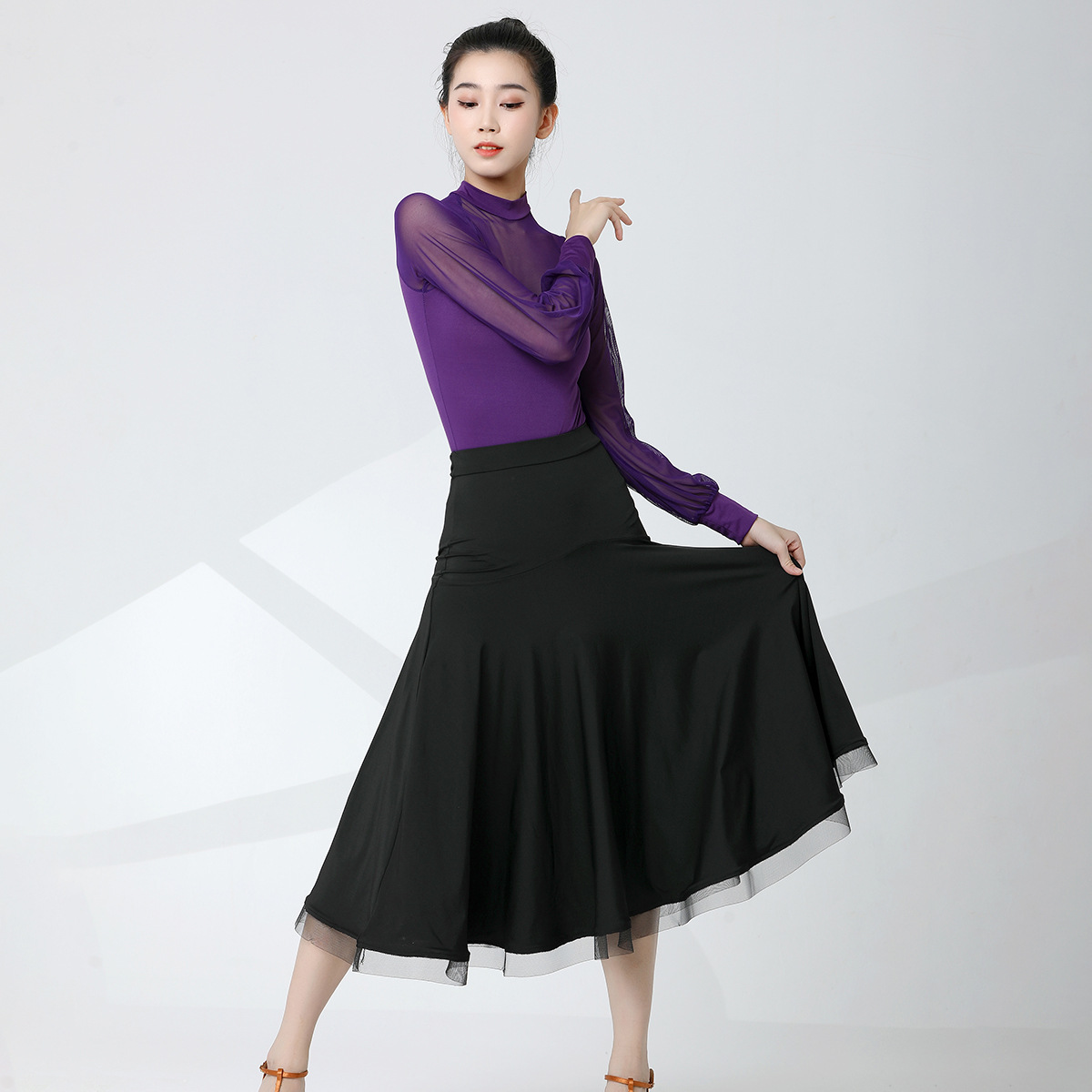 Modern dance gauze Princess Bubble lantern long sleeve black shirt New Latin dance adult women's body suit