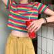 Super Popular cec Loose Rainbow Striped Short-sleeved T-shirt Women's Instagram Popular 2021 New Summer Short Short-sleeved T-shirt Top