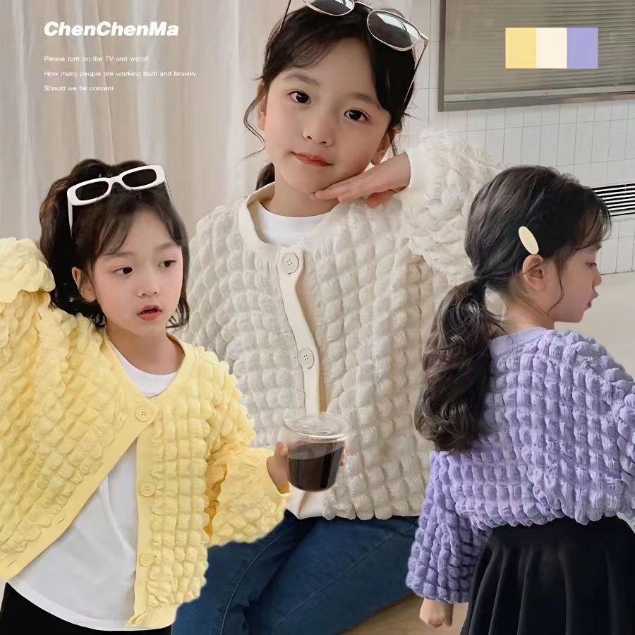 Girls' coat 2023 Spring and Autumn new bubble Plaid elegant cardigan children's western style round neck casual long sleeve coat