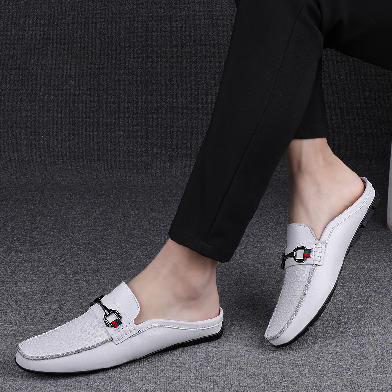 New Men's Fashion Embossed Metal Buckle Casual Half Drag Easy Slip-on Shoes Comfortable Breathable Casual Shoes