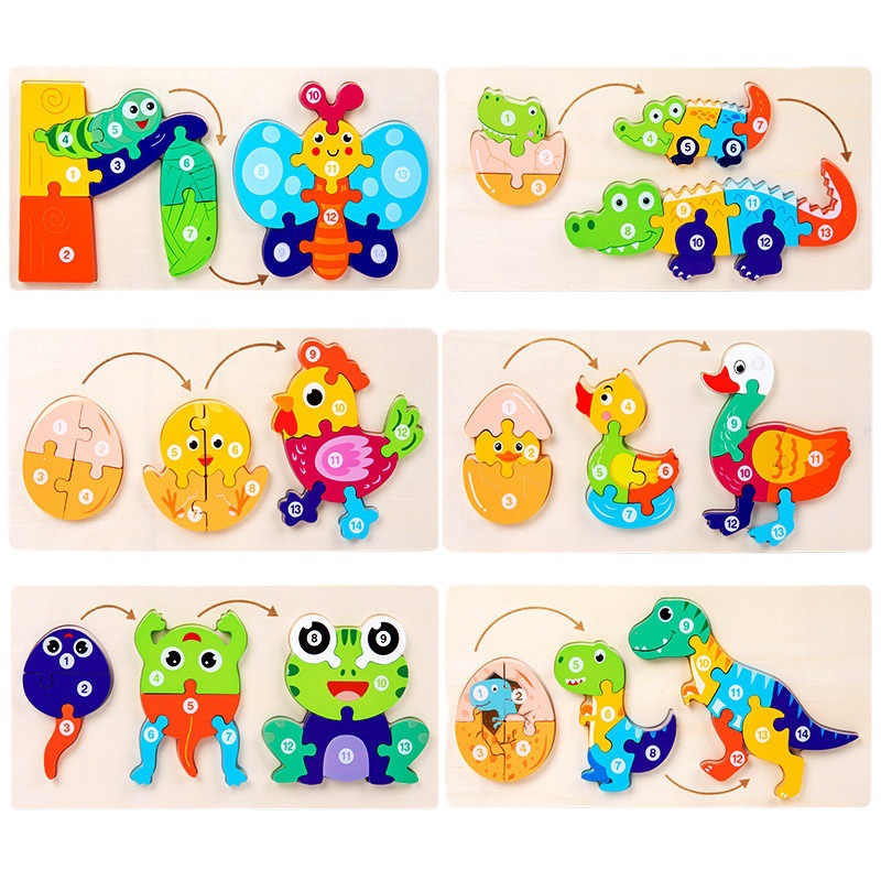 Wooden children's early education Enlightenment three-dimensional growth puzzle animal evolution process cognitive puzzle toy wholesale