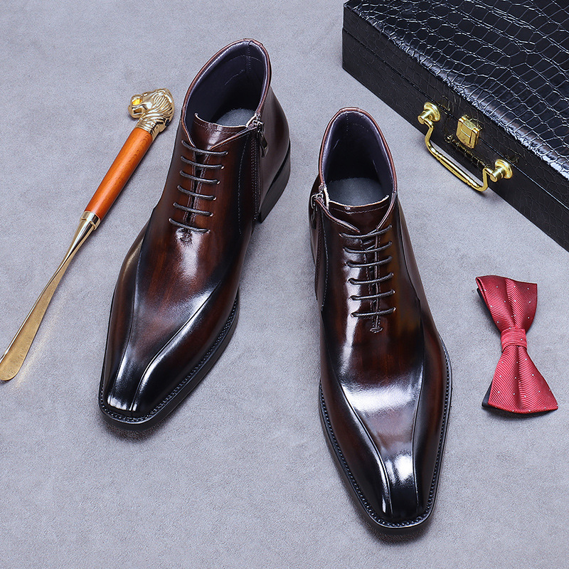 Kožené boty Velkoobchodní továrna Britské martinské boty Pravá kůže Módní společenské boty Špičatá špička Zip Vysoké kožené boty Kotníkové boty_voghion.com