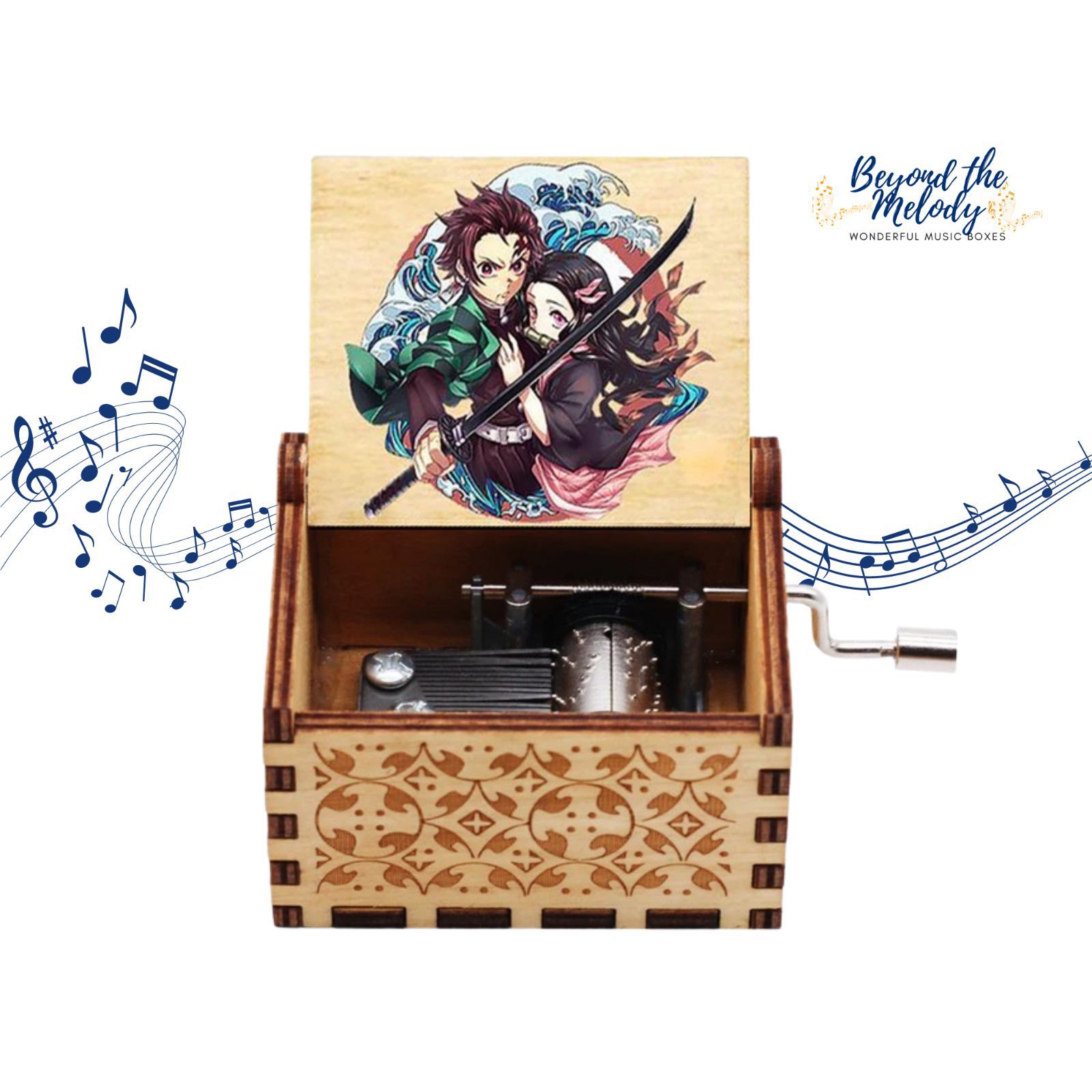 Wooden hand-cranked music box Ghost Blade color printing vintage wooden hand-cranked music box boutique gift wholesale