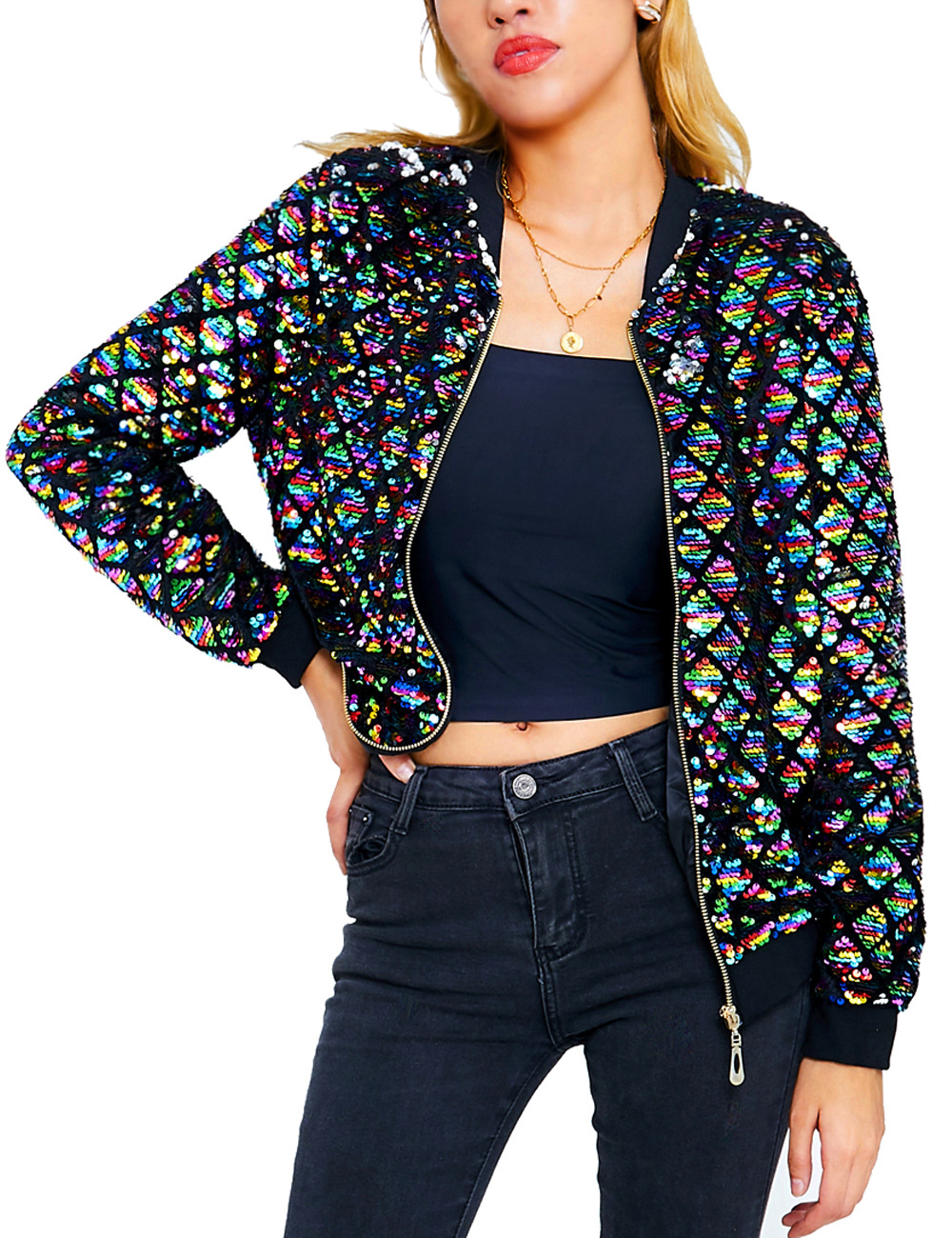 European and American cross-border new Amazon Women's sequined jacket Plaid shiny baseball uniform parka suit good quality