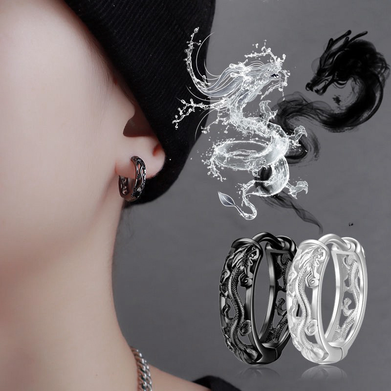 Plated S925 Pure Silver Dragon earrings men's single retro ethnic style earrings men's earrings 2021 new fashion ornaments