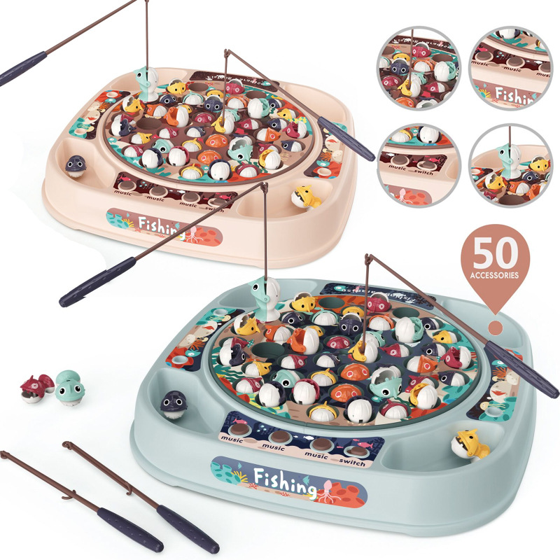 Cross-Border play house turn music game children's electric fishing toy light music rotating Diaoyutai set