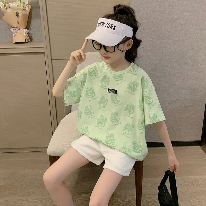 Girls' Short-sleeved T-shirt Summer 2024 New Korean Style Children's Big Children's Thin Fashionable Western Style Top Children's Fashion Brand