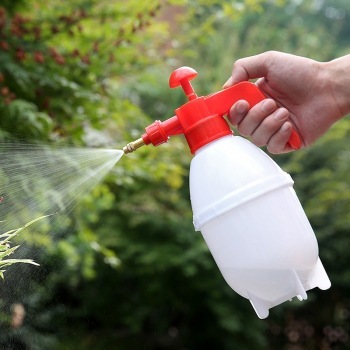 家庭用厚手のガス圧式噴霧器の水筒に水をかけて花をかけます。|undefined