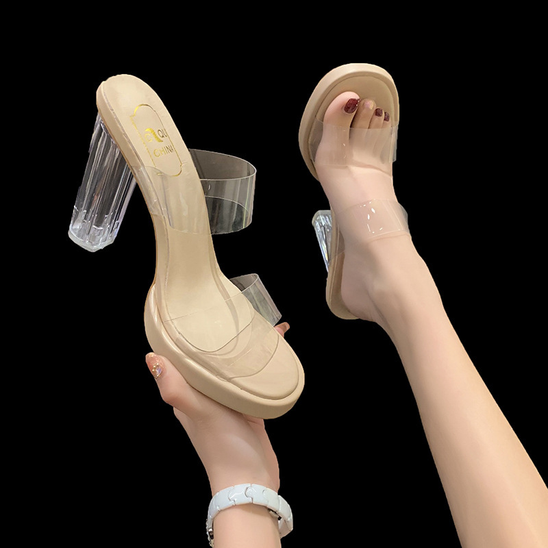 High-heeled slippers women's 2023 Summer new style one-word belt PVC outerwear fashion Crystal slipers ladies