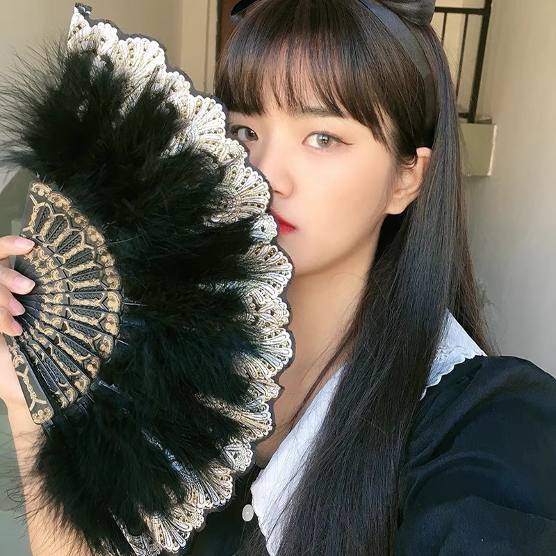 日系ロリータレトロブラックホワイトレースlolita折扇扇子茶会羽根扇古風ネット赤|undefined