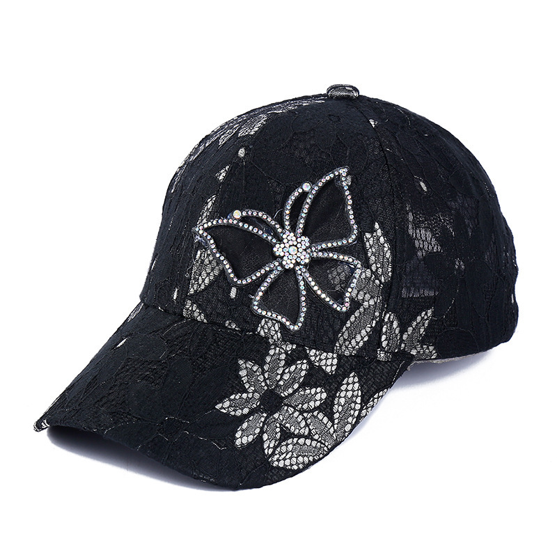 New lace thin hat women's breathable sun protection rhinestone butterfly baseball cap street fashion all-match trendy peaked cap