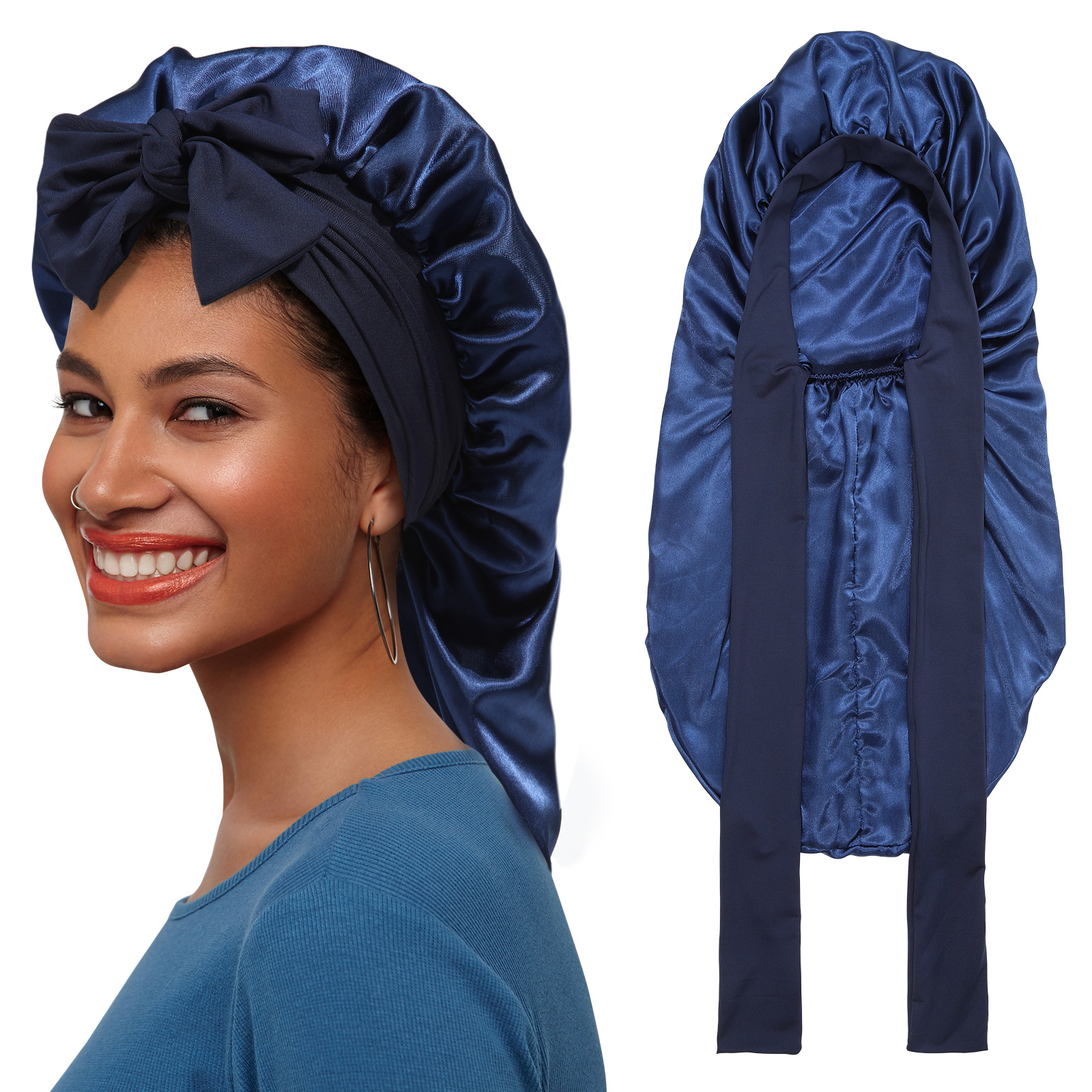 Women's solid color satin long nightcap beauty makeup cap headscarf cap elastic bandage elastic nightcap wide-brimmed shower cap