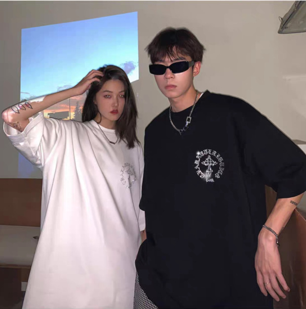 American Street T-shirt High Street Pure Cotton chic Hong Kong Style Top Short Sleeve Men's Summer Cross Hot Diamond Couple Half Sleeve