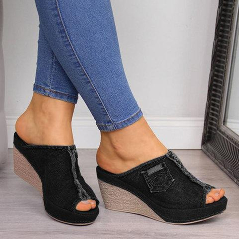 European and American Foreign trade plus size 35-45 sandals 2021 summer denim wedge peep toe slippers casual women's shoes