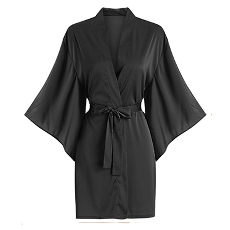 Ice Silk short-sleeved pajamas for women 2023 Summer new Japanese style solid color lace-up nightgown Ice Silk thin homewear