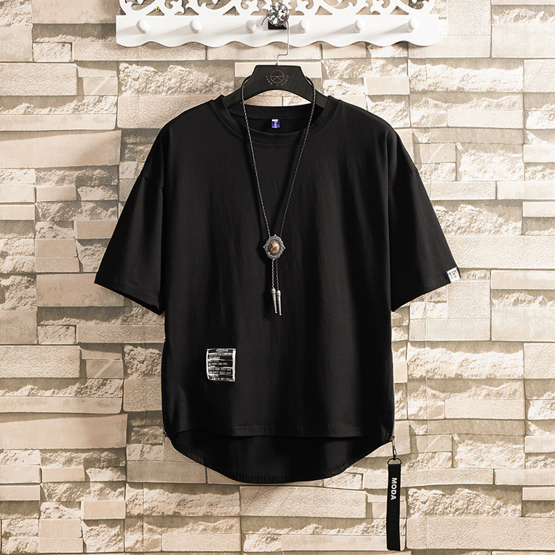 Cross-border a generation of summer solid color labeling short sleeve T-shirt men's plus fat increase loose round hem T-shirt pull