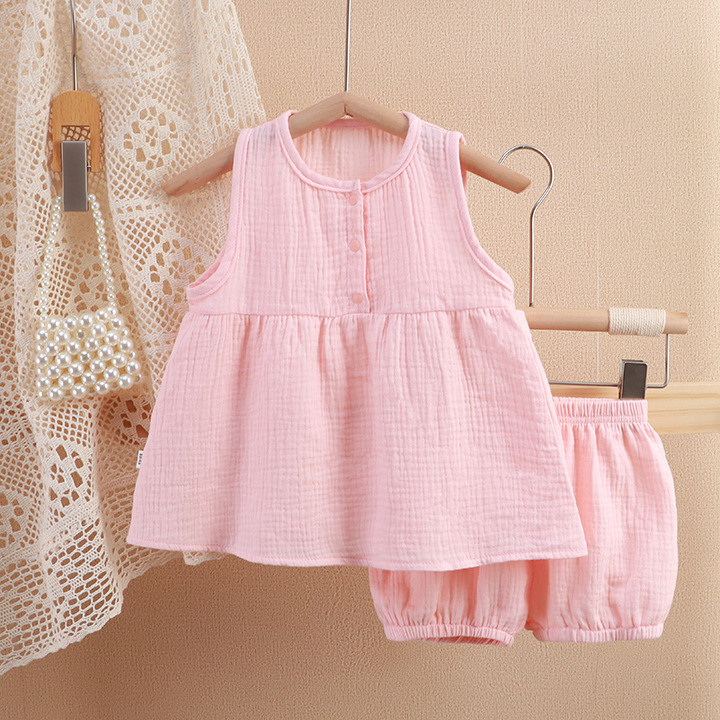 Baby Girl's Gauze Dress Set New Solid Color Comfortable Double-Layer Cotton Yarn Girls' Cardigan Pajamas Home Clothes Two-Piece Set