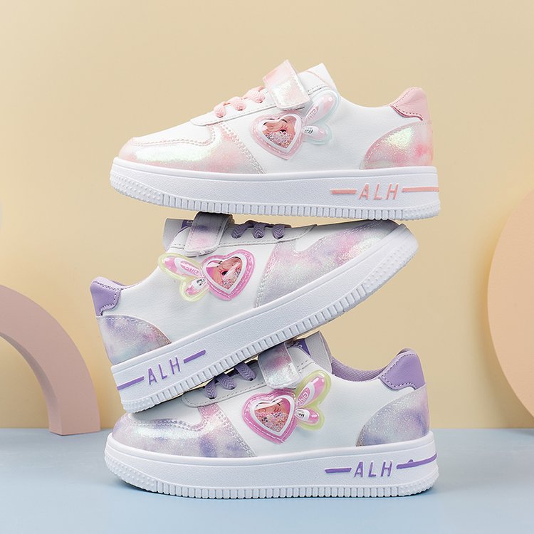 Girls' Spring and Autumn 2023 new full leather cartoon wings injection white shoes casual shoes medium and large children's board shoes