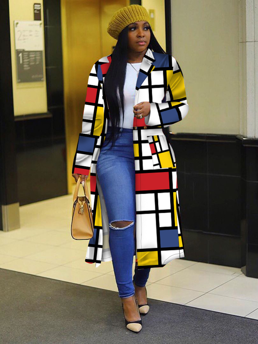 Autumn and winter New trench coat cross-border European and American plus size plaid printed double-breasted lapel coat coat women's coat_voghion.com