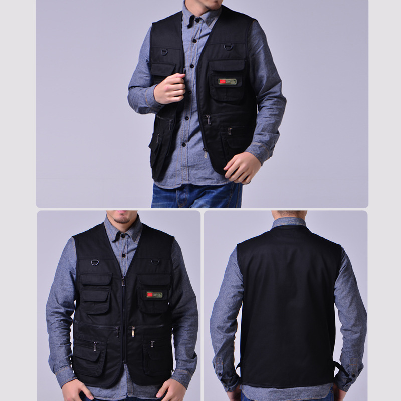 Multi-Pocket Men's Vest Polyester Cotton Four Seasons Outdoor Vest Middle-aged and Elderly Fishing Vest Plus Large Size Waistcoat for Hair