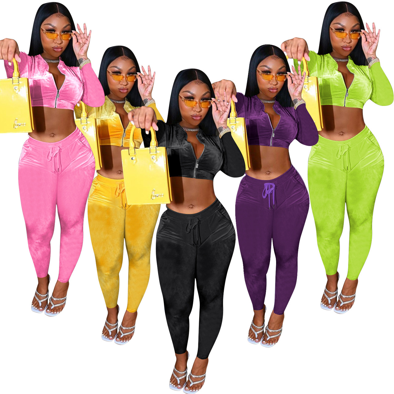 FE176 Special Price No Return No Change European and American Cross-border Women's Clothing suit Fall/Winter Gold Velvet Solid Color Sexy Two-piece Set