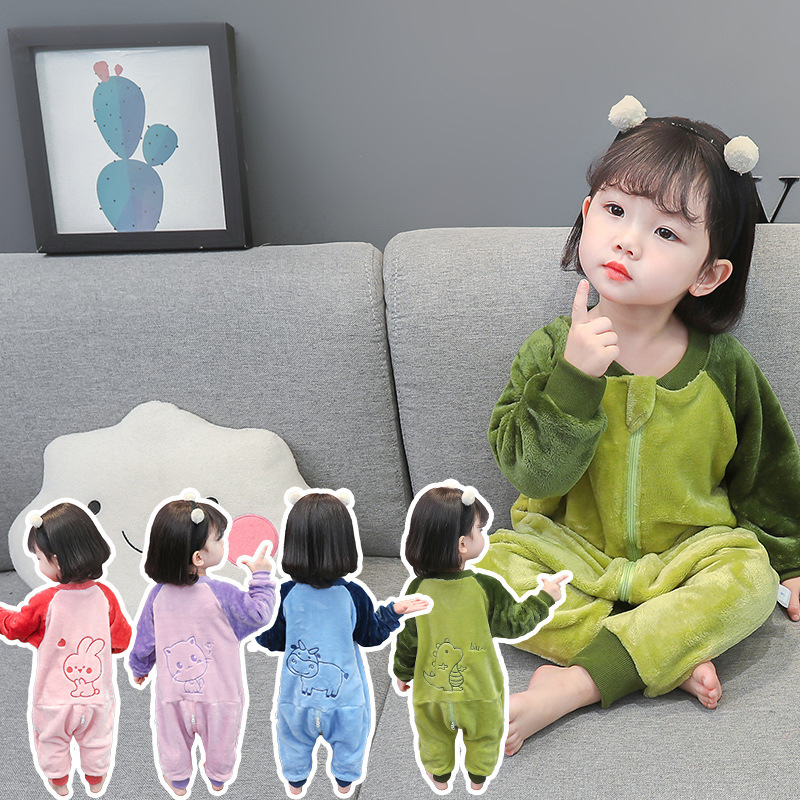 Baby Velvet Jumpsuit Spring Autumn Winter 2 Baby Boys and Girls Flannel Pajamas Thickened 3 Children's Coral Velvet Sleeping Bag